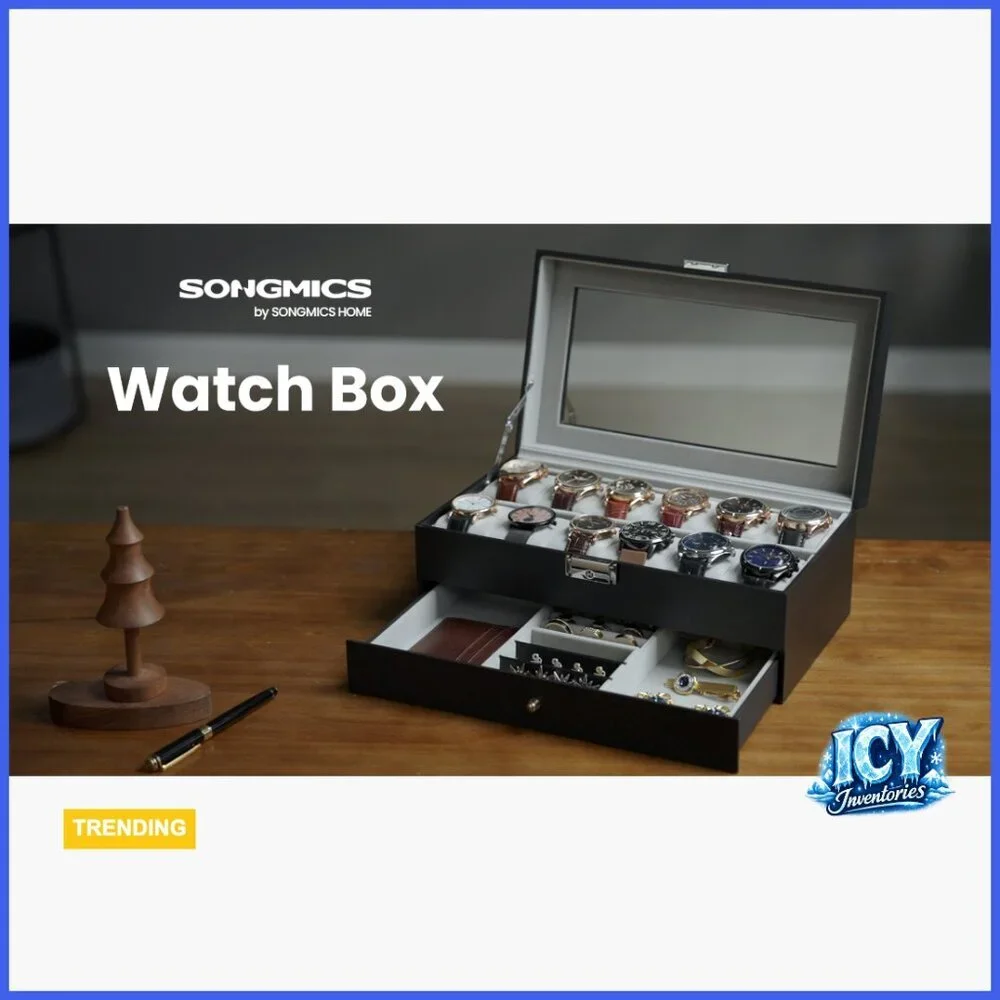 Watch Box Organizer with Glass Lid, 12 Slots, Removable Pillows, Metal Lock